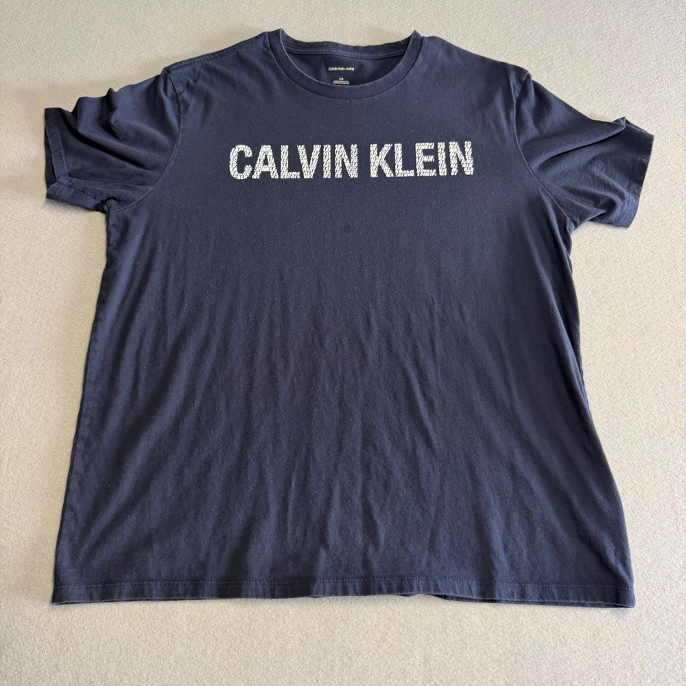 Calvin Klein Jeans Mens Navy Blue Graphic Logo Crewneck T-Shirt Size L Large